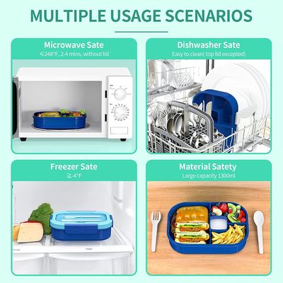 Plastic 4 Compartment Lunch Containers 1300ML Food Safe With Cutlery