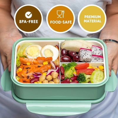 Custom 1400ml Plastic Bento Box Containers Microwave Safe Green With Spoon Fork