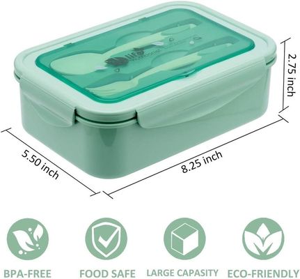 Custom 1400ml Plastic Bento Box Containers Microwave Safe Green With Spoon Fork