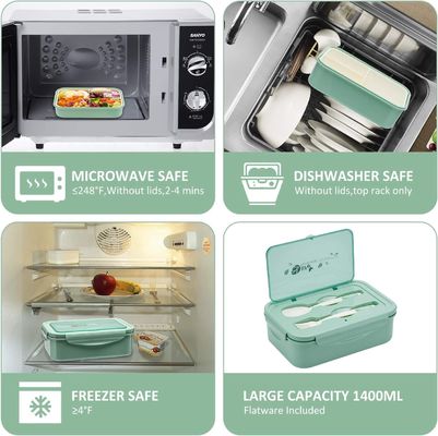 Custom 1400ml Plastic Bento Box Containers Microwave Safe Green With Spoon Fork
