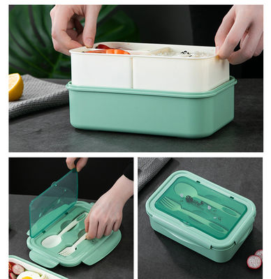 Custom 1400ml Plastic Bento Box Containers Microwave Safe Green With Spoon Fork
