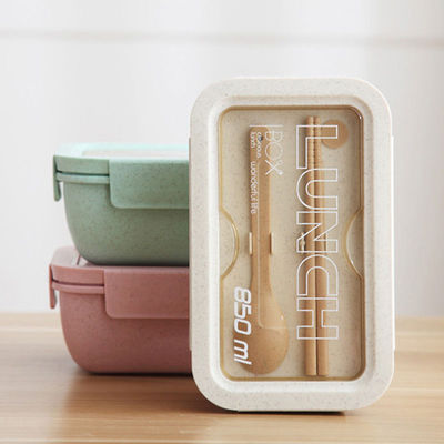 Rectangle Bento Box Lunch Container Plastic Wheat Straw With Cutlery