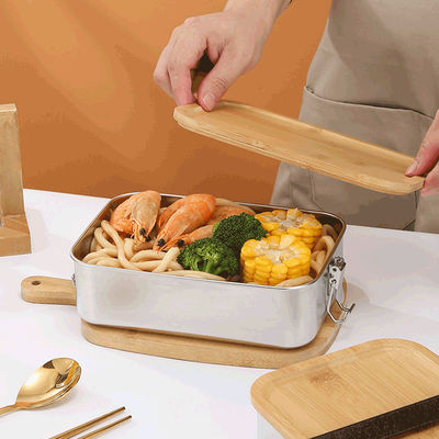Bamboo Lid Classic Metal Lunch Box Double Buckle 304 Stainless Steel