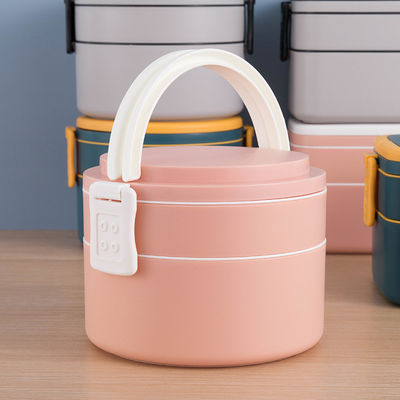 Double-Layer Pink Portable Plastic Bento Lunch Box With Lid 1400ML Round