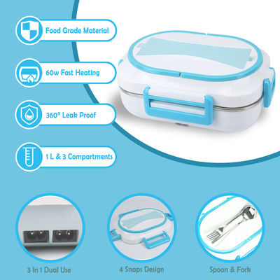 Electric Lunch Box 60W Four-Clasp Hand12V/24V Lunch Box With Carry Bag And Fork And Spoon White Blue