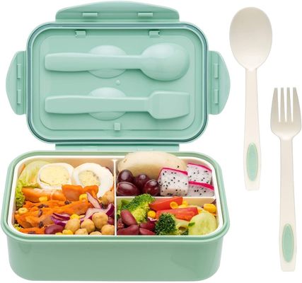 Custom 1400ml Plastic Bento Box Containers Microwave Safe Green With Spoon Fork