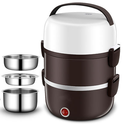 220V Portable Lunch Box Cooker Three Layers Stainless Steel Dark Brown OEM