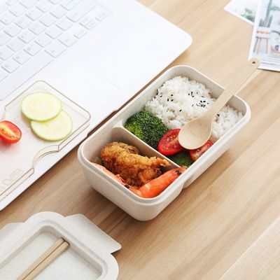 Rectangle Bento Box Lunch Container Plastic Wheat Straw With Cutlery