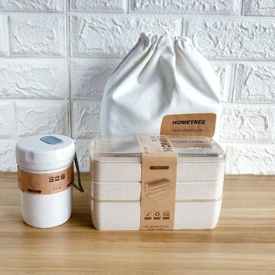 Rectangle Bento Box Lunch Container Plastic Wheat Straw With Cutlery